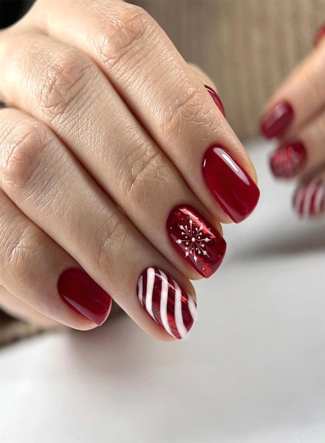 Vopintpy Winter Christmas Press on Nails White Snowflake Stripe Fake Nails Short Square Red Solid Color Glue on Nails Glossy Xmas Stick on Nails for Women DIY Manicure Decor - Image 1